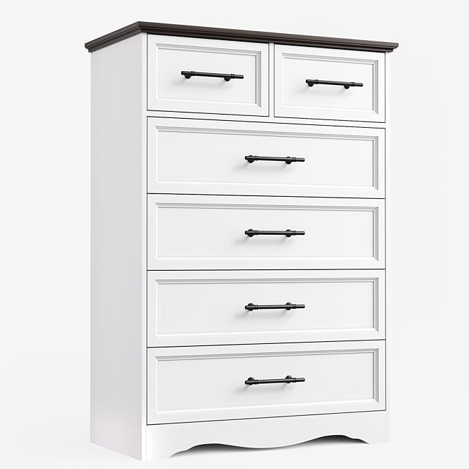 Farmhouse 6 Drawer Dresser, White Wood Chest of Drawers, 44" Tall Bedroom Storage Cabinet with Brushed Metal Handles, Closet Organizer for Bedroom, Living Room, Hallway