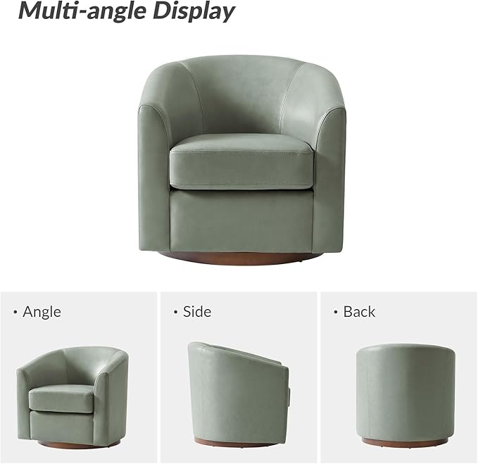 HULALA HOME Genuine Leather Swivel Accent Chair with Solid Wood Base, Round Swivel Barrel Chair for Living Room and Bedroom, Sage