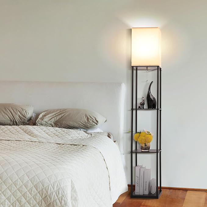 Floor Lamp with Shelves, Modern Square Standing Lamp with 3-Color Remote Control Dimming Bulb, Corner Display Bookshelf Lamp for Living Room, Bedroom and Office (black-9YK)