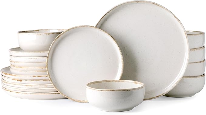 AmorArc Ceramic Dinnerware Sets, Wavy Rim Stoneware Plates and Bowls Sets, Highly Scratch Resistant | Dishwasher & Microwave Dishes set, Service for 6 (18pc)-Speckled Cappuccino