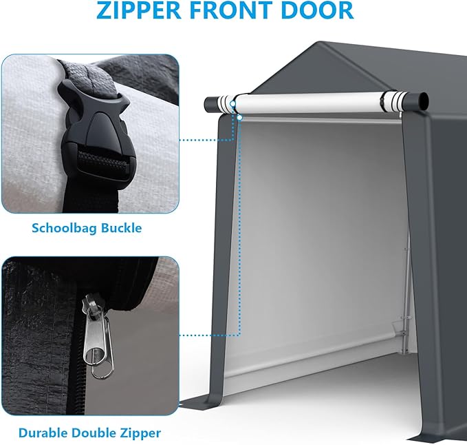 6x8FT Outdoor Storage Shelter Carport, Portable Shelter Heavy Duty Storage Shed Carport with Roll-up Zipper Door for Bike, Motorcycle, Garden Storage, Waterproof and UV Resistant, Gray