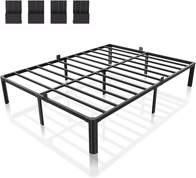 14 Inch Metal Bed Frame Full Size, Heavy Duty Balck Platform Full Size Bed Frame with Round Corner Legs, Mattress Slide Stopper, No Box Spring Needed, Easy Assembly
