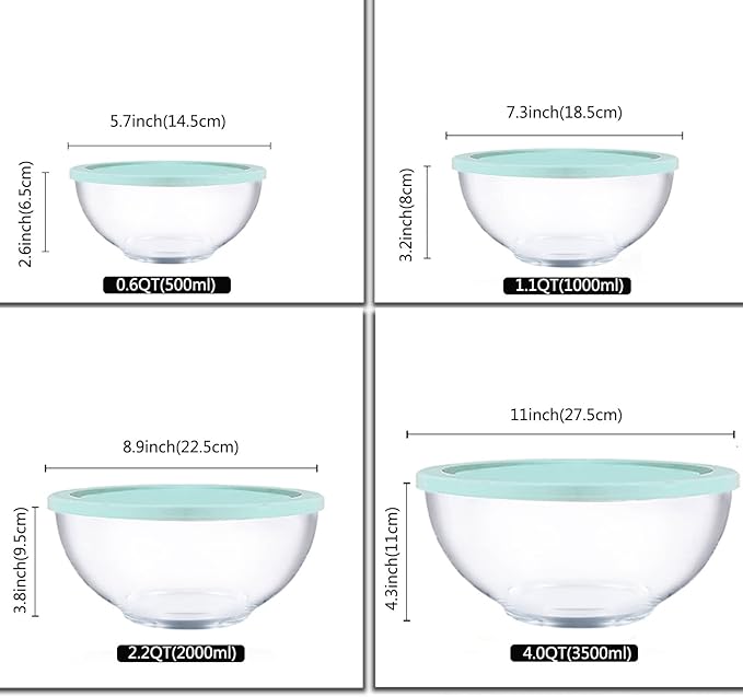 Glass Mixing Bowl Set with Airtight Lids for Kitchen Baking Prepping, Serving, Cooking 0.6QT, 1.1QT, 2.2QT, 4QT Salad Bowl Set with Lids, Dishwasher and Microwavable Safe