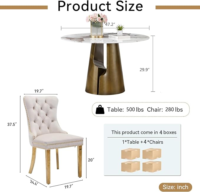 5-Piece Faux Marble Round Dining Table Set for 4, Modern Luxury Kitchen Table Set for 4 with Beige Tufted Chairs,Circle Dining Tables with Pandora Grain Top and Bronze Pedestal Base