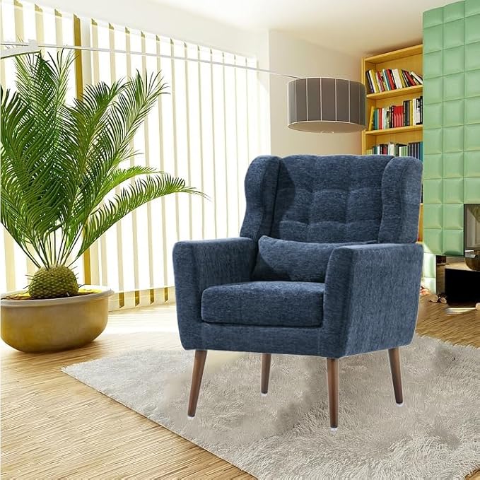 Accent Chair, Comfy Upholstered Living Room Chairs with High Tufted Backrest and Pillow, Wingback Reading Chair with Solid Wood Legs for Bedroom/Office, Chenille Fabric, Dark Blue