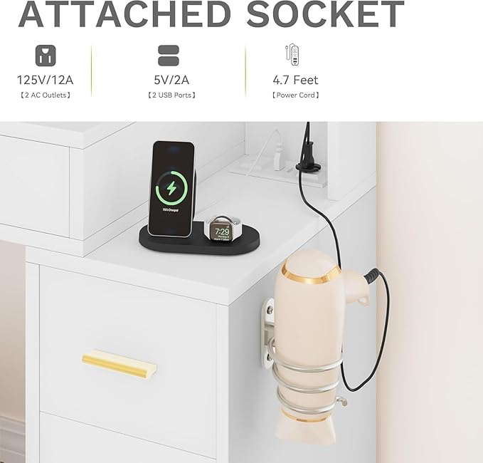 DWVO Vanity Desk with Large Mirror and LED Lights, Makeup Vanity Table Set with Power Outlets, Comfy Stool & Storage Drawers, Shelves and Cabinets, 3 Lighting Modes Makeup Table, Dressing Room, White