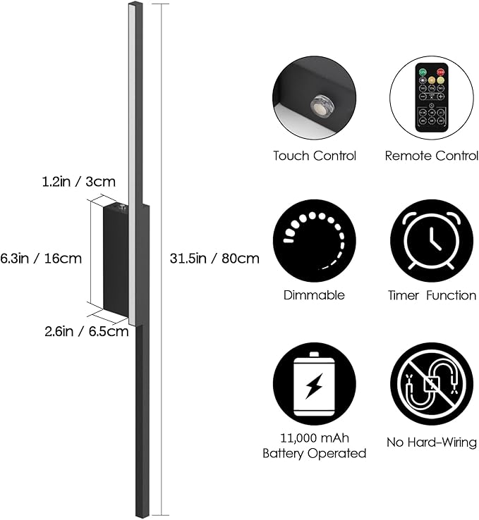 Aipsun 31.5inch Black Battery Operated Wall Sconce Set of 2, Rechargeable Wall Sconce Lighting Dimmable Wireless Wall Lights for Living Room,Bedroom