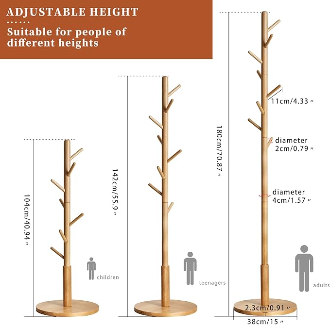 Wooden Coat Rack, Free Standing Coat Stand with 8 Hooks and 3 Height Options, Sturdy Kids Coat Tree Easy to Assemble, for Entryway Home Office Jackets Hat Purse Natural YD-1010