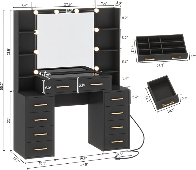 Glass Top Vanity Desk with Mirror and Lights, Large Vanity Makeup Mirror Desk with Charging Station Compartment Storage Drawers, Modern Makeup Vanity with 9 Drawers 6 Shelves, Black