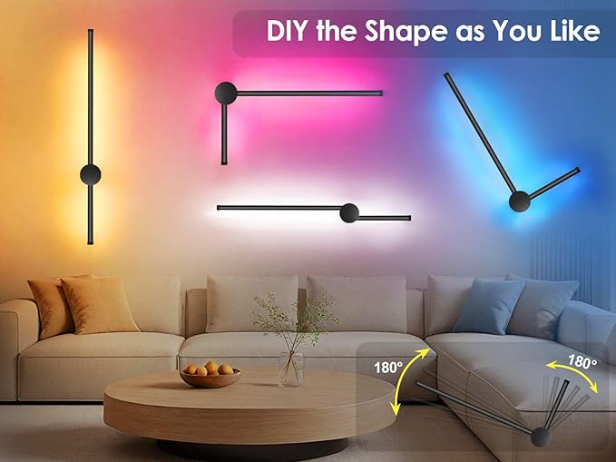 23.6 Inch Battery Operated Wall Sconce, 12000mAh Rechargeable Wall Sconce with Remote Control, Dimmable LED Wireless Wall Light for Bedroom, Living Room, 15 Colors, 180° Rotate, Black, 1 Pack