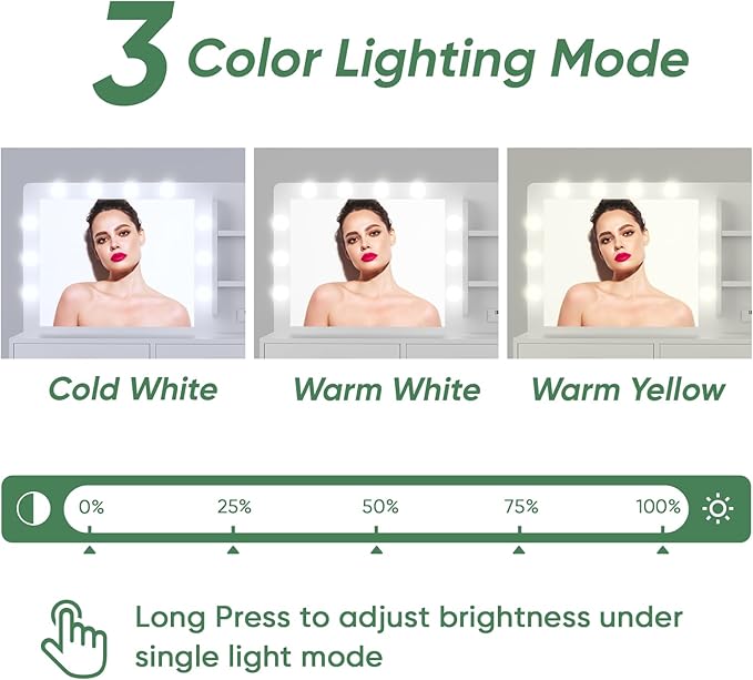 Semiocthome Makeup Vanity Desk with Mirror and Lights, Vanity Table with Power Outlet, Shelves, 2 Drawers, and Metal Frame, 3 Lighting Modes & Adjustable Brightness Dressing Table with Chair - White