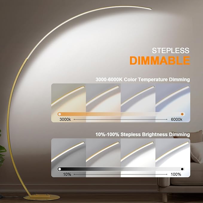 Dimmable LED Floor Lamp with 3 Color Temperatures, Ultra Bright 2000LM Gold Arc Floor Lamp, Modern Standing Tall Lamp with Remote Control Reading Floor for Bedroom Use Lamp for Office Classroom