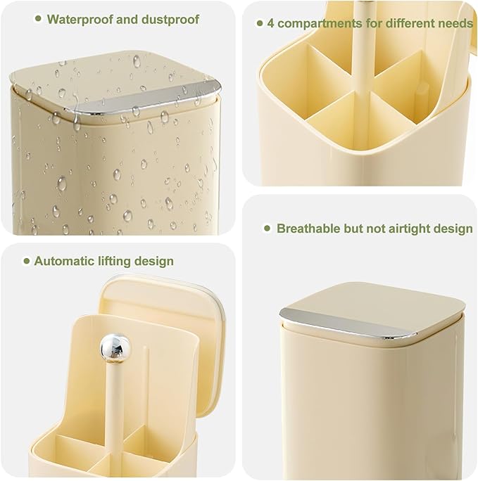 DASITON Makeup Brush Holder with Lid,4 Slots Makeup Brush Organizer,Automatic Lifting Makeup Cosmetics Organizer,for Vanity Decor,Bathroom Countertop,Dustproof Cosmetic Brushes Container(Cream)