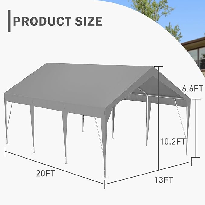 13x20FT Heavy Duty Carport Canopy with Sturdy Frame, Portable Waterproof and UV-Resistant Garage Shelter, Adjustable Height for Car, Boat, Outdoor Storage and Parties Green