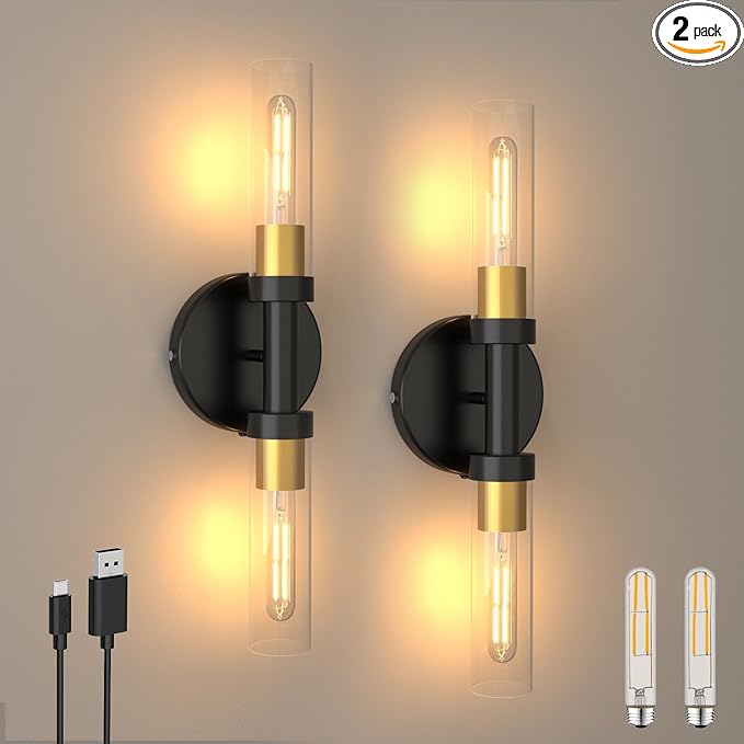 Rechargeable Battery Operated Wall Sconce Set of 2, Dimmable Wall Light with Touch Control, Wireless Bathroom Vanity Lights Over Mirror, Modern Wall Lamp for Living Room Hallway, Black Gold
