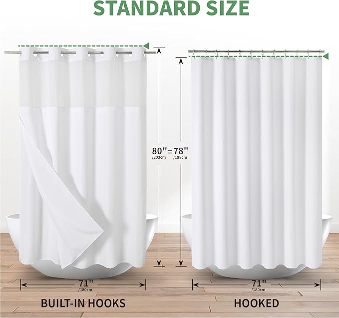 Extra Long No Hook Shower Curtain with Snap-in Fabric Liner Set,Slub Textured Fabric Shower Curtains for Bathroom,Hotel Style Modern Shower Curtain,Water Repellent & Washable,71x86(84),White
