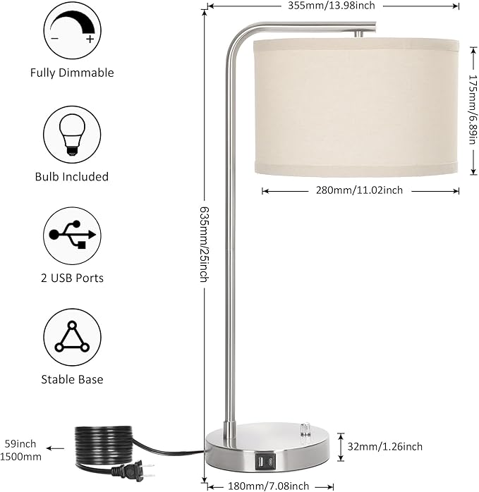 Table Lamp for Living Room, Modern Bedside Lamp with USB C+A Ports, Fully Dimmable Nightstand Lamp with Beige Drum Shade, Silver Finish Side Table Lamp for Bedroom Office, 3000K LED Bulb Included