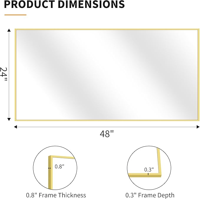 KOCUUY 24x48 Inch Large Gold Wall Mounted Mirror,Aluminum Framed Decorative Rectangular Bathroom Mirror for Wall Over Sink,Vanity Mirror for Bedroom Living Room Bathroom,Functional Oversized Mirror
