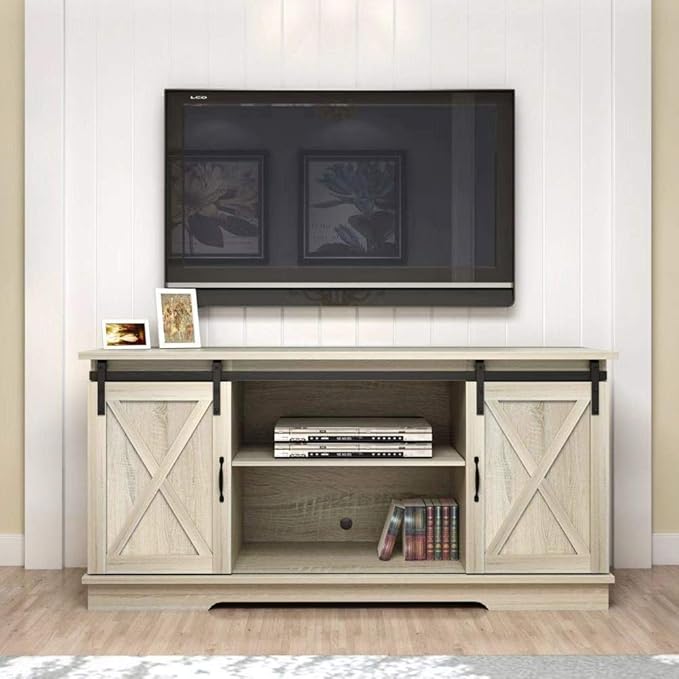 Rainbow Sophia TV Stand, Storage Cabinet with Sliding Barn Doors and Adjustable Shelves, Modern 28”H, White Oak