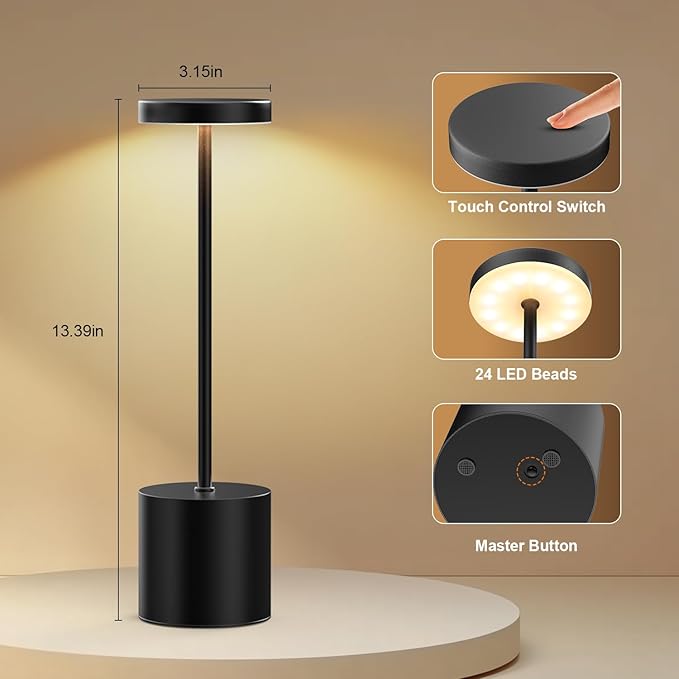 Rechargeable Table Lamp – 2 Pack Touch Lamps, Cordless Desk Lamp, 5000mAh Battery Operated Lamp with 3-Color Dimmable Light, Portable LED Lamp for Bedroom, Dining Room, Patio, Outdoor (Black)