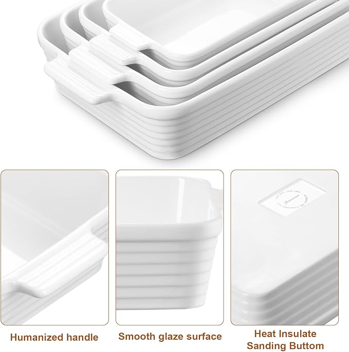 Jassceram Casserole Dishes for Oven, 4-Piece Porcelain Baking Dish, Rectangular Ceramic Bakeware Sets with Handles, Deep Lasagna Pan for Baking, 9.6" to 15.2", Nesting Design, Oven Safe, White