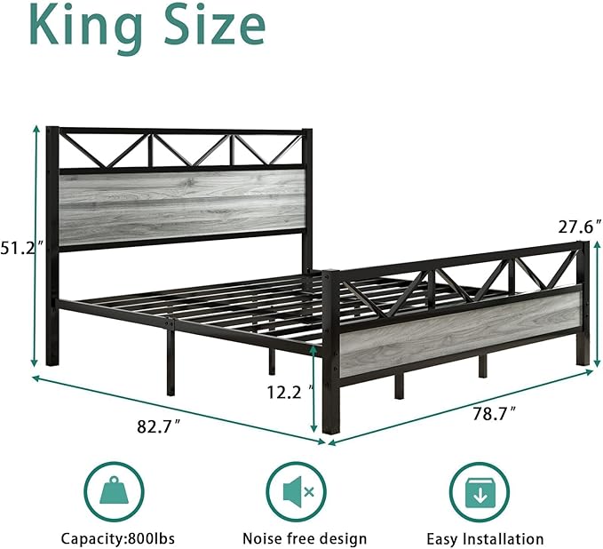 King Bed Frame and Headboard, Industrial 51.2" Tall Headboard, King Platform Bed Frame with Heavy Duty Metal Slats Support, No Box Spring Needed, Noise-Free, Easy Assembly, Wash Grey