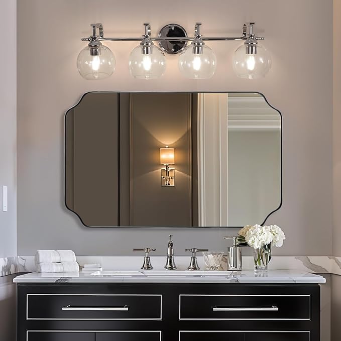 ANDY STAR 4-Light Bathroom Vanity Light, Chrome Wall Sconce, Anti-Rust Metal Bathroom Light with Hight-Quality Clear Glass, Bath Wall Lamp for Mirror, Kitchen, Living Room, Bedroom, Hallway, 30.5"