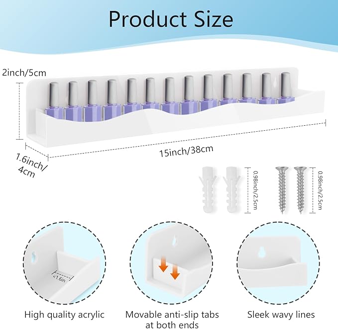 6 Pack Wall Mounted Acrylic Nail Polish Organizer Rack 15 Inch White Nail Polish Shelf with Removable Ends Multi-Purpose Shelf for Essential Oils Cosmetics Storage Display for Salon Bathroom