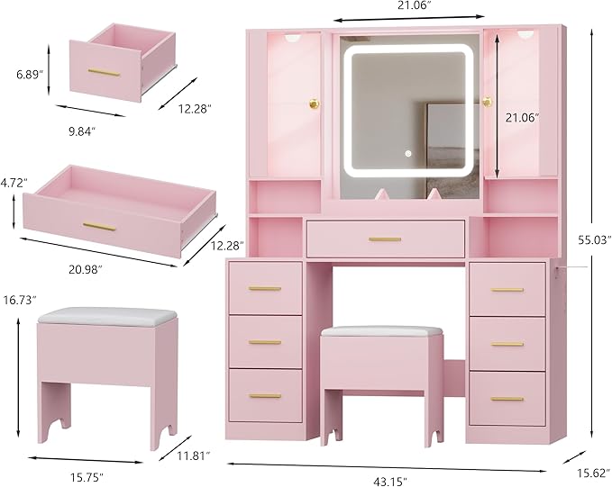 Makeup Vanity with LED Light Strip Mirror and Chair, 7 Drawers & 2 RGB Cabinets Pink Vanity Makeup Desk with Power Strip, Adjustable LED Lighting, and Cushioned Stool for Women, Girls, Teens