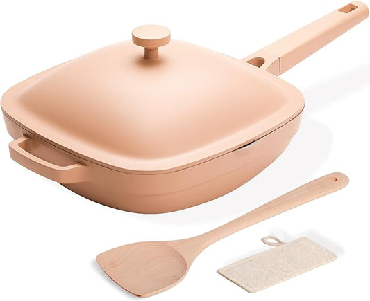 10.5 Inch(3.8QT) Ceramic Pan with Lid,Non Stick Frying Pans Cast Aluminum Deep Sauté Pans,Ti-Ceramic Non Toxic Pix Pan with Wooden Spatula and Scrubber-Desert Clay