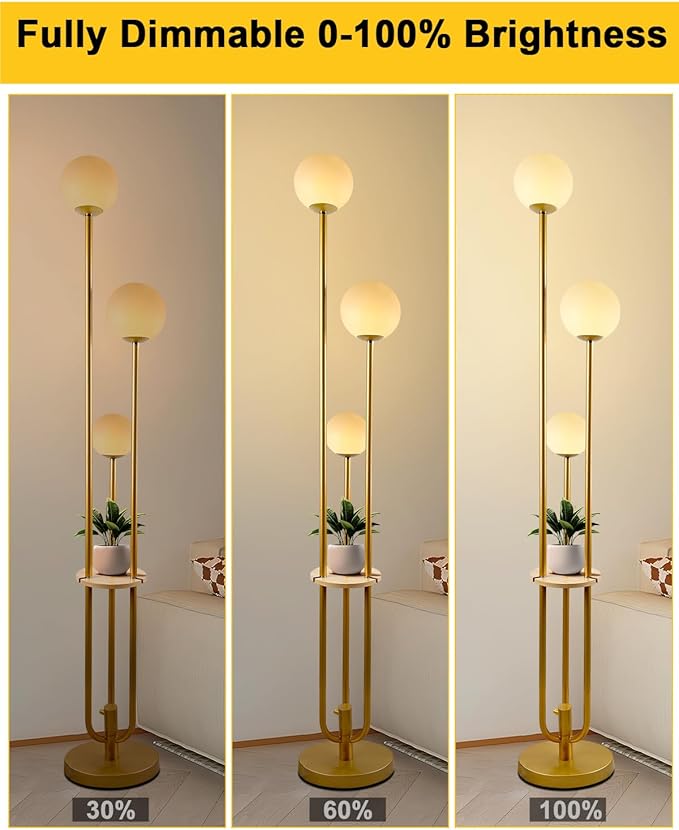 Lightdot Gold Globe Floor Lamp 3-Lights Dimmable Floor Lamps with Tray 3000K Bulbs Included Unique Floor Lamp Candle Holder Style Modern Standing Lamps for Living Room/Bedroom