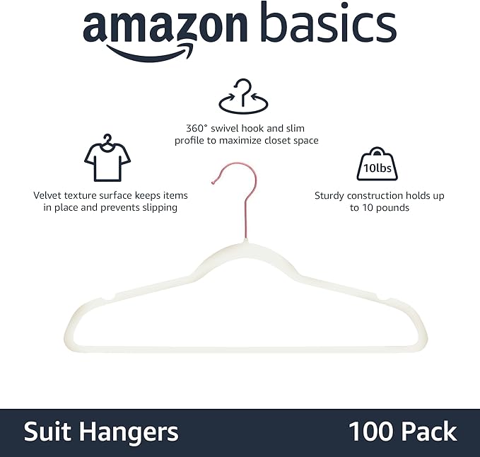 Amazon Basics Slim, Velvet, Non-Slip Suit Clothes Hangers, Ivory/Rose Gold - Pack of 100
