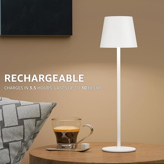 uuffoo 2 Pack Rechargeable Table Lamp Battery Operated Cordless Table Lamps with 3 Colors Stepless Dimming, Desk Night Light for Restaurant, Patio, Bedroom, Bar (White)