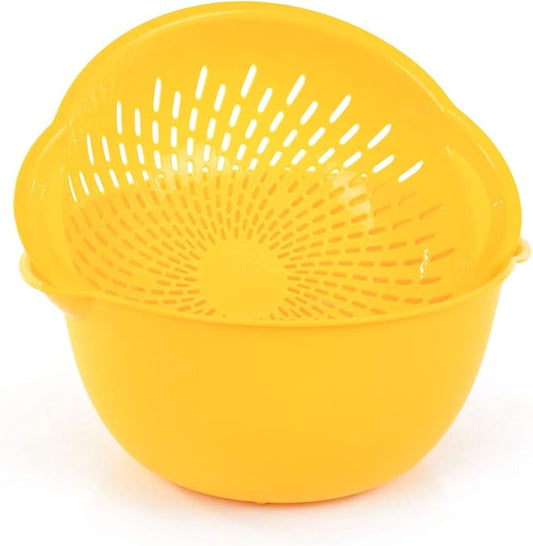 Mintra Home Mixing Bowl w/Colander (Large 4.5L, Yellow) - For Washing & Draining Fruits And Vegetables - Heavy Duty Plastic for Baking, Cooking Supplies - Dishwasher Safe
