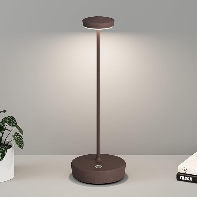 Cordless Table Lamp Rechargeable - LED Battery Table Light with 3 Color Temperatures, Stepless Dimming, Waterproof Aluminum for Indoor Outdoor, Patio, Restaurant, Dinner (Rust)