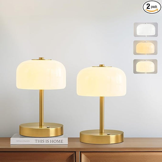 PORTRES Cordless Table Lamp Rechargeable Battery Operated Mushroom lamp Opal Glass Shade 3 Way Dimmable LED Touch Outdoor Lamp for Camping Bedroom Dining Living Room Beside Patio Restaurant,Gold