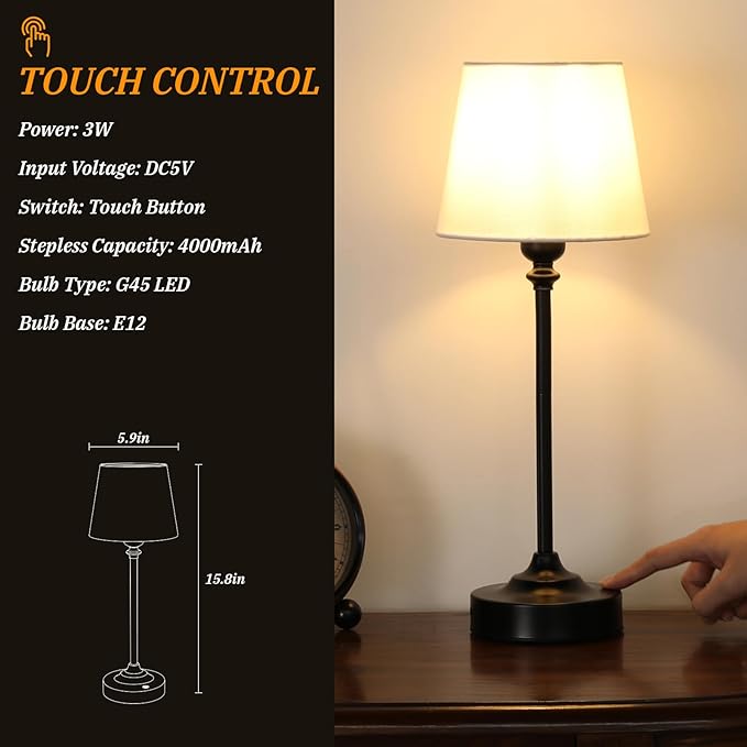 Cordless Table Lamps Rechargeable Set - 2 Pack Black 4000mAH Battery Operated Lamps for Decor, 3000K Stepless Dimming Touch Control Wireless Lamps for Bedroom, Dining Table, Living Room, White Shade