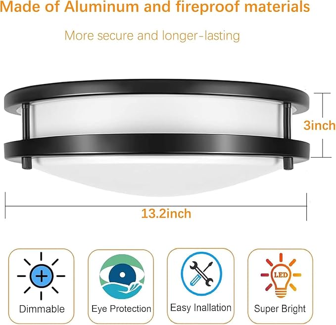48W Dimmable LED Ceiling Light Fixture, Flush Mount Light Fixture for Kitchen, Bathroom, Bedroom, Garage, 5000 Lumens, 500W Equivalent, 13.2in, Daylight 5000K, Black