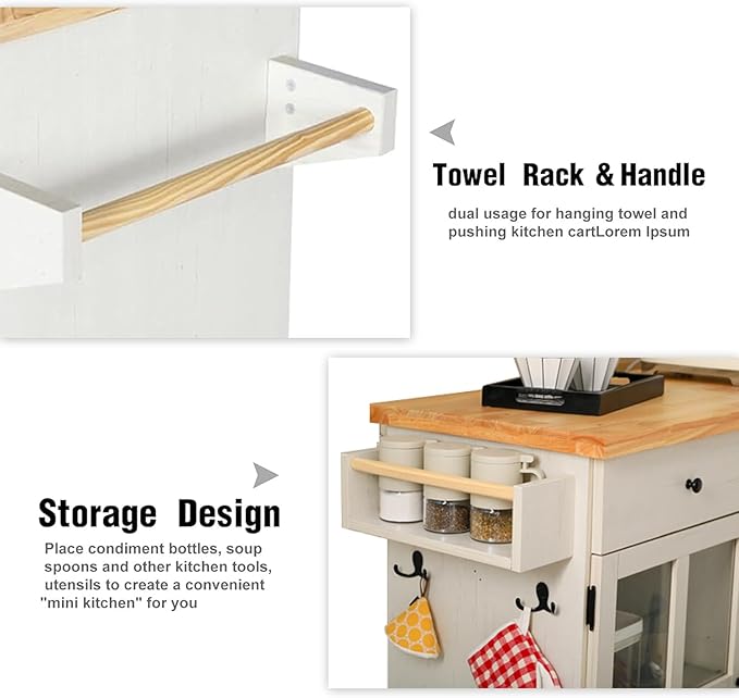Rolling Kitchen Island with Storage on Wheels, 37.4" Island Table for Kitchen, with 2 Drawers, Adjustable Shelves, Towel & Spice Racks, Solid Pine Top - Warm Beige