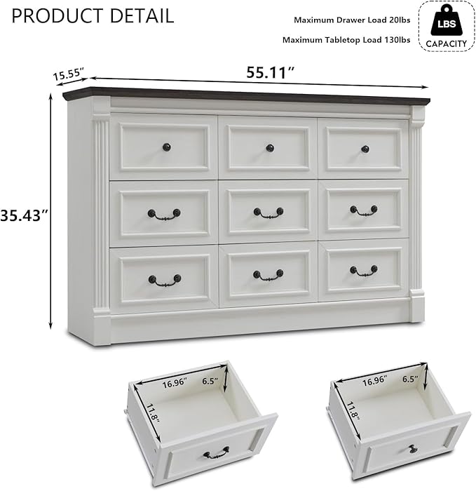 Farmhouse 9 Drawers Dresser for Bedroom, 55" Wide Large Dressers & Chests of Drawers w/Roman Column, Storage Dressers Organizer for Bedroom, Hallway, Living Room, White