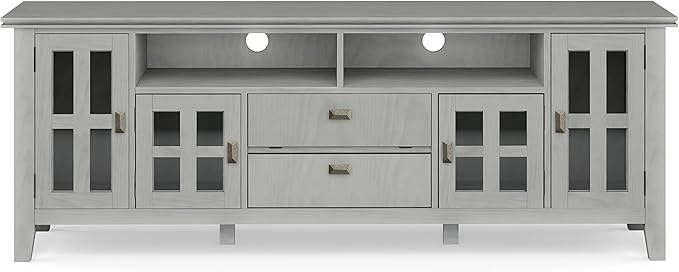 SIMPLIHOME Artisan SOLID WOOD 72 Inch Wide Contemporary TV Media Stand in Fog Grey for TVs up to 80 Inches, For the Living Room and Entertainment Center