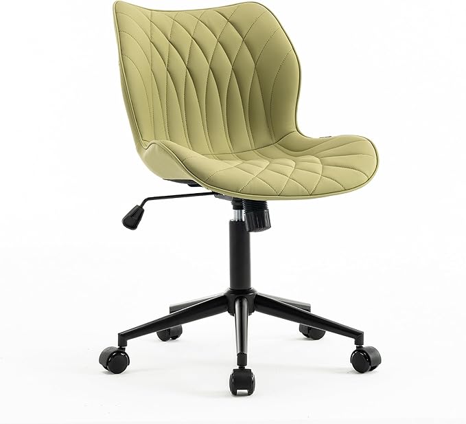 YOUNUOKE Armless Desk Chair Comfy Office Chair with Wheels Home Ergonomic Task Chair Adjustable Computer Chairs Modern Faux Leather Swivel Chair Upholstered Makeup Vanity Chair with Back(Avocado)