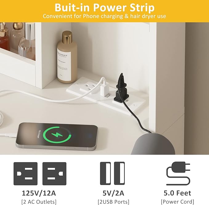 Vabches Makeup Vanity Table with Lighted Mirror & Power Strip, Large Vanity Set Vanity Desk with Lots Storage, 3 Lighting Modes, Brightness Adjustable, 45.2in(L)