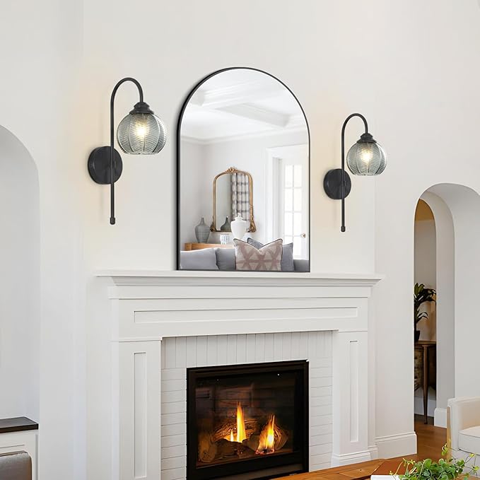 KCO Lighting Modern Glass Globe Wall Sconce Smoke Gray Glass Vanity Light Long Black Wall Sconces Set of Two Industrial Mid Century Wall Sconce Bedroom Wall Lamps Hardwired