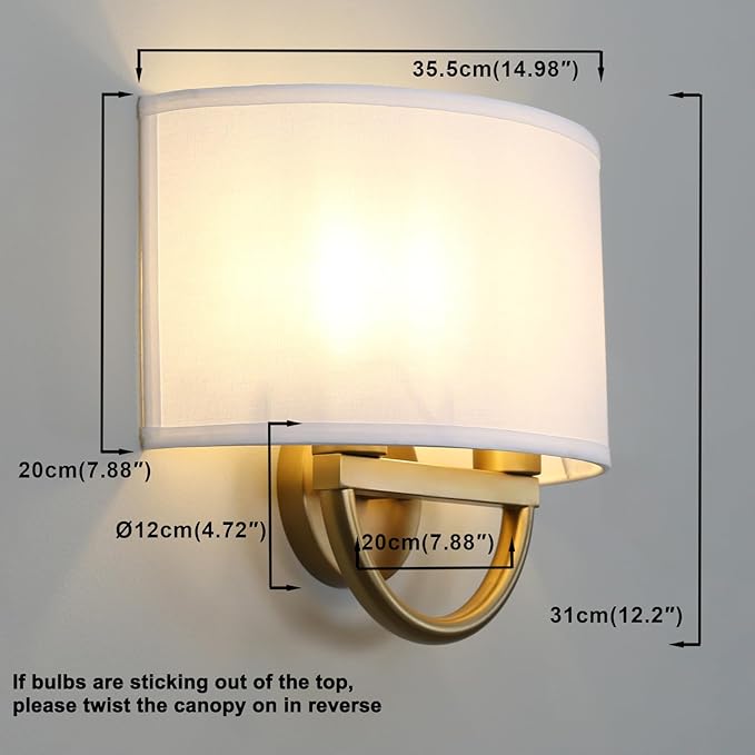 Yosoan White Fabric Cloth Boho Aged Brass Gold Wall Sconce Stairwell Fixture Light, 2-Light Dual Indoor Hardwired Vanity Vintage Wall Mount Lamp Antique Metal Base Semicircle Shade Lamp for Hallway
