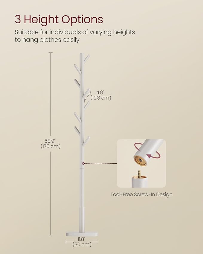 VASAGLE Solid Wood Coat Rack, Free Standing Hall Coat Tree with 8 Hooks, 3 Height Options, for Coats, Hats, Bags, Purses, for Entryway, Hallway, Rubberwood Hooks and Pole, Cappuccino Beige URCR010K01