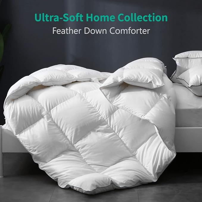 APSMILE Luxury All Season Down Feather Fibers Comforter Full/Queen Size Duvet Insert - 100% Organic Cotton, High Fill Power Medium Warmth, (Ivory White, 90X90)