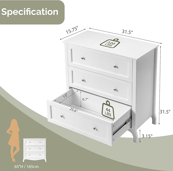 VINGLI White Dresser 3 Drawer Chest of Drawers for Bedroom, Painted Wood Dresser with Large Drawers and Curved Legs, 31.5" W Large Nightstand, 31.5" W*15.75" D*31.5" H