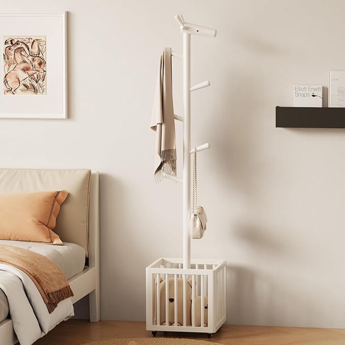 Coat tree freestanding heavy duty，Wooden coat rack freestanding for Entrance, Bedroom, Living room(White)