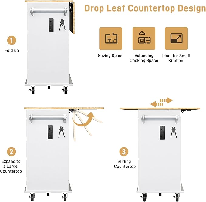63" Movable Kitchen Island with Drop Leaf and Power Outlet, Rolling Island Cart w/Storage Cabinet, Island Table on Wheels for Kitchen w/2 Drawers, Spice Rack, Towel Bar, Garage Hook, White